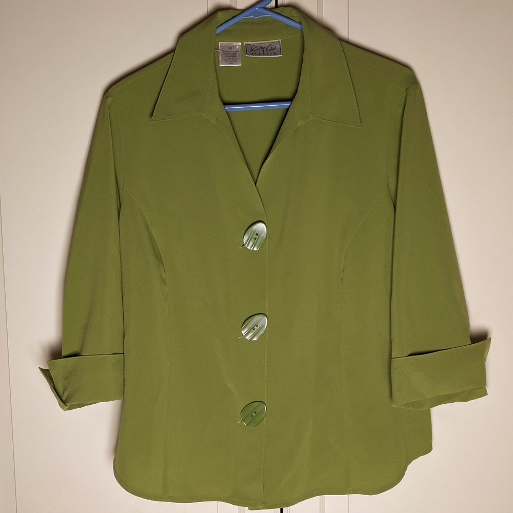 Kathy Che Stretch Olive Green Button Down Shirt